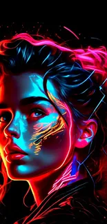 Vibrant neon art wallpaper of a woman on a dark background with glowing colors.