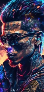 Tattooed man with neon colors and stars in art wallpaper.