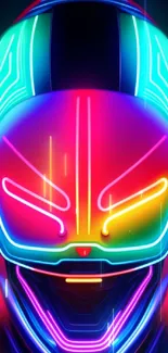 Futuristic neon helmet with glowing colors and intricate design.