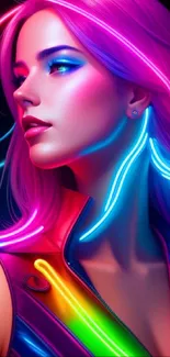 Stylish woman in vibrant neon colors, futuristic digital art.