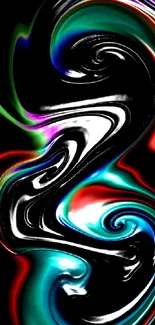 Vibrant neon abstract wallpaper with swirling colors on a black background.