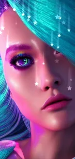 Colorful digital art of a futuristic woman with neon colors.