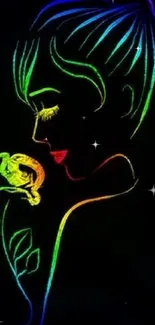 Neon outline of a woman with a flower on black background.