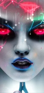 Neon alien portrait wallpaper with glowing eyes.