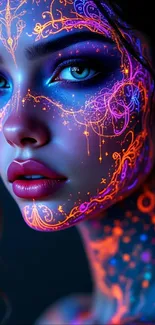A mesmerizing portrait featuring vibrant neon face paint on a dark blue background.