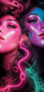 Two faces on neon-themed wallpaper with vibrant colors and digital effects.