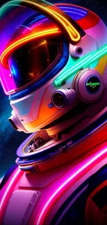 Neon astronaut in space suit with vibrant colors on a galaxy background.