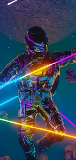 Neon astronaut floating in space with vibrant colors and glowing effects.