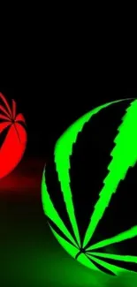 Neon green and red balls glowing vibrantly on a dark background.