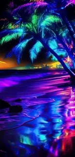 Neon beach at night with colorful palms.