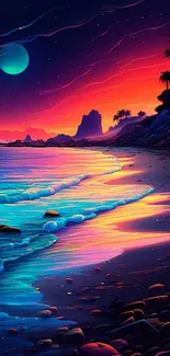 Vibrant neon beachscape at night with colorful waves and sky.