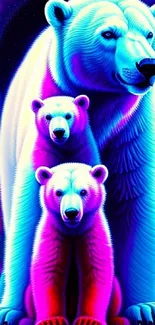 Vibrant neon bear family set against a cosmic background.