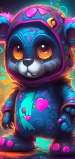 Vibrant digital art of a colorful neon bear wearing a hoodie.