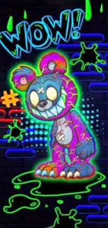 Vibrant neon cartoon bear with colorful graffiti effects.