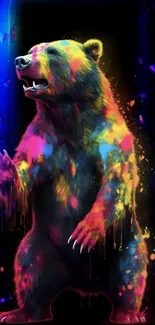 Vibrant neon bear with colorful splashes on a dark background