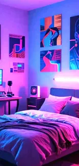 Vibrant bedroom with neon art and ambient lighting.