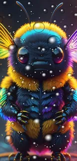 Colorful neon bee art with vibrant wings and dark background.