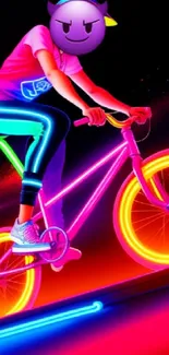 Neon pink bicycle with emoji face on vibrant wallpaper.