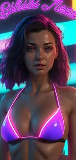 Vibrant neon bikini wallpaper with a cityscape background.