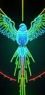 Vibrant neon bird with glowing wings against a dark background, perfect for mobile wallpaper.