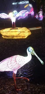 Glowing neon birds in nighttime display with vibrant artistic lights.