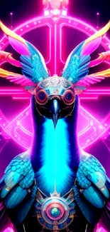 Vibrant neon bird with intricate design glowing in vivid colors.