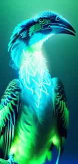 A vibrant neon bird artwork with colorful feathers on a mobile wallpaper.