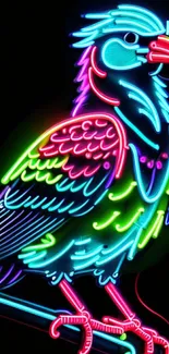 Vibrant neon bird with glowing colors on a dark background.