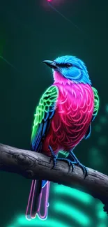 Vibrant neon bird on branch with colorful feathers.