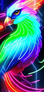 Colorful neon bird with vibrant feathers on a black background.