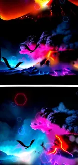 Futuristic neon volcanic landscape with vibrant colors.