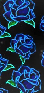 Vibrant neon blue rose design on black background.