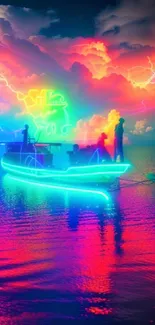 Neon-lit boat on vibrant water with electric sky.