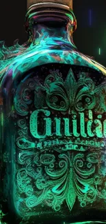 Neon-themed bottle with teal glow on black background design.