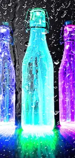 Vibrant neon bottles against black background with glowing colors.