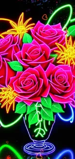 Vibrant neon bouquet with glowing roses in a vase on black background.