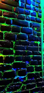 Vibrant neon paint drips on black brick wall.