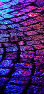 Neon-lit brick pathway with vibrant purple and blue hues.