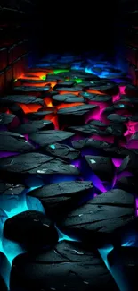 Neon-lit brick pathway with illuminated stones.