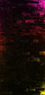 Vibrant neon glowing brick wall background.