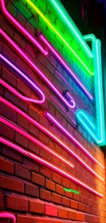 Vibrant neon lights stream across a brick wall creating a dynamic urban scene.