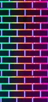 Colorful neon brick wall with abstract design.