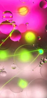 Vibrant neon wallpaper with bubbles and abstract design.