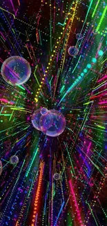 Vibrant neon bubbles exploding in digital color patterns on phone wallpaper.