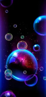 Vibrant neon bubbles with a purple and blue gradient on a dark mobile wallpaper.