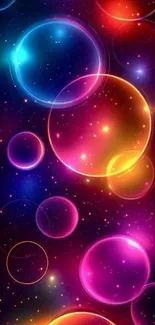 Neon bubbles against a cosmic themed background, vibrant and colorful.