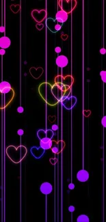 Neon bubbles in pink and purple on black background mobile wallpaper.