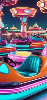 Neon-lit bumper cars in amusement park.