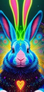 Vibrant neon bunny with colorful background in digital art style.