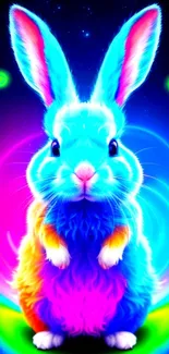 Vibrant neon bunny with colorful fur and abstract background.